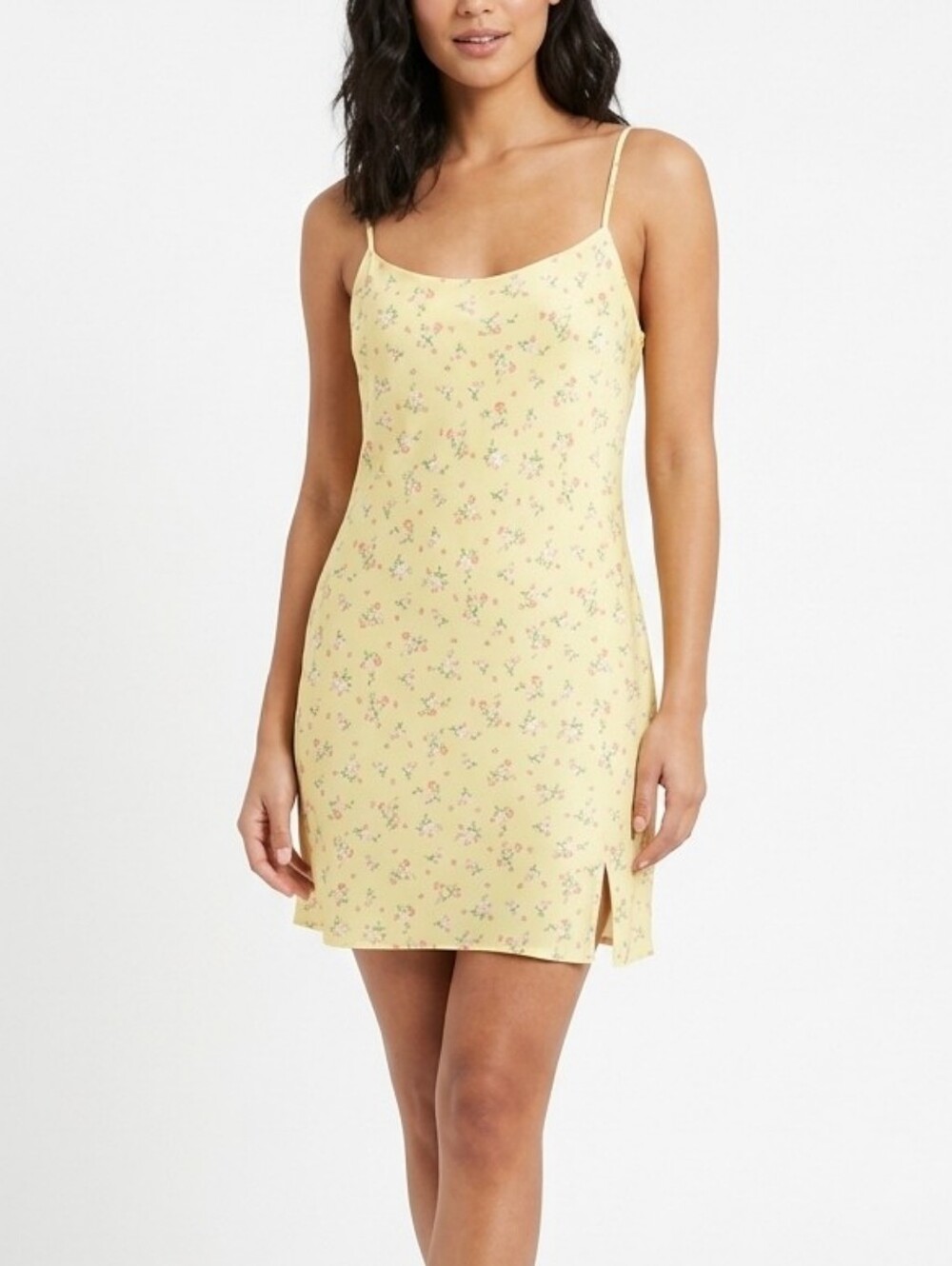 ASOS DESIGN Sunny Yellow Floral Slip Linen Blend Mini Dress with Slit Size 6